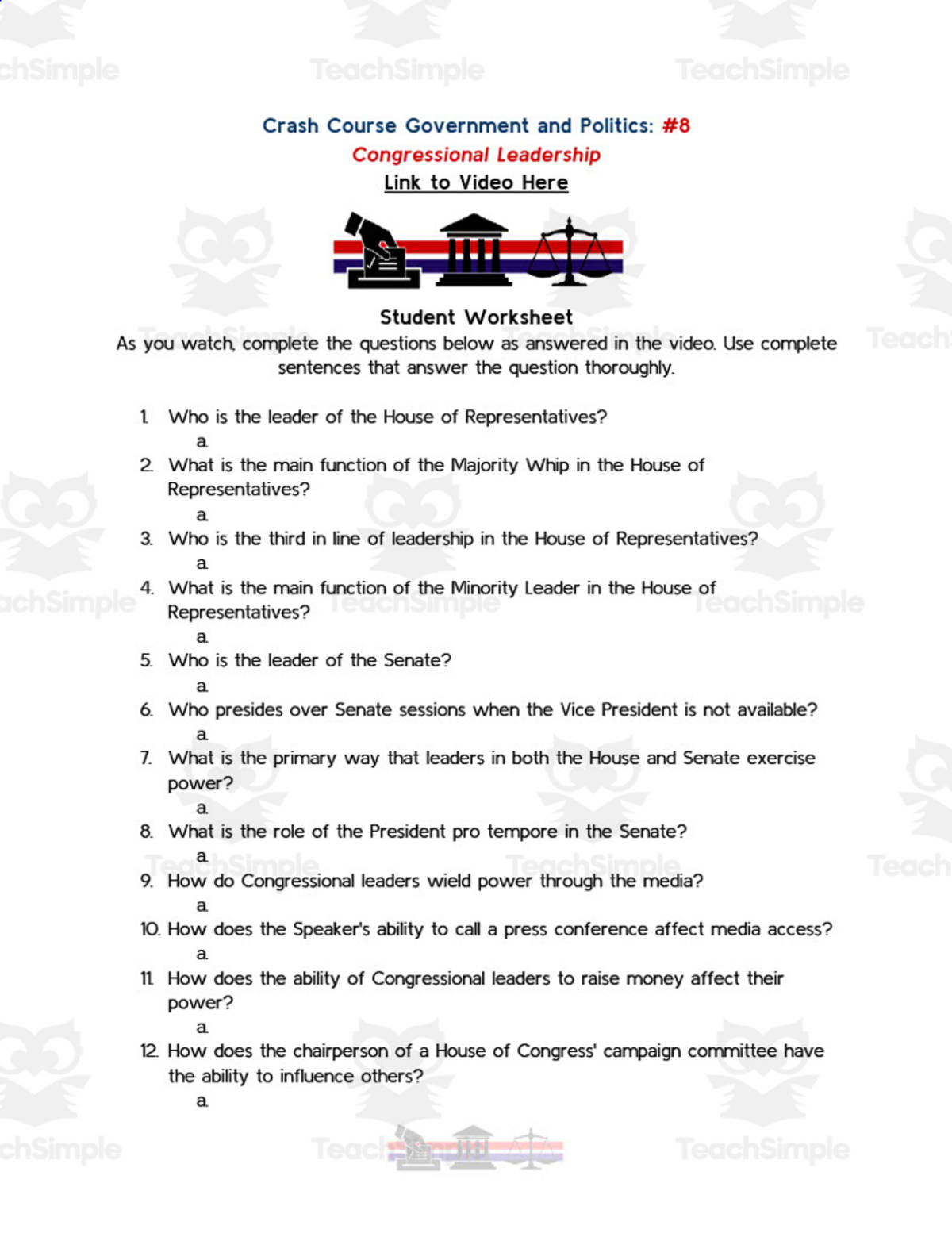 An educational teaching resource from Ed Dynamic entitled Crash Course Government Episode Worksheet | 8 - Congressional Leadership downloadable at Teach Simple.