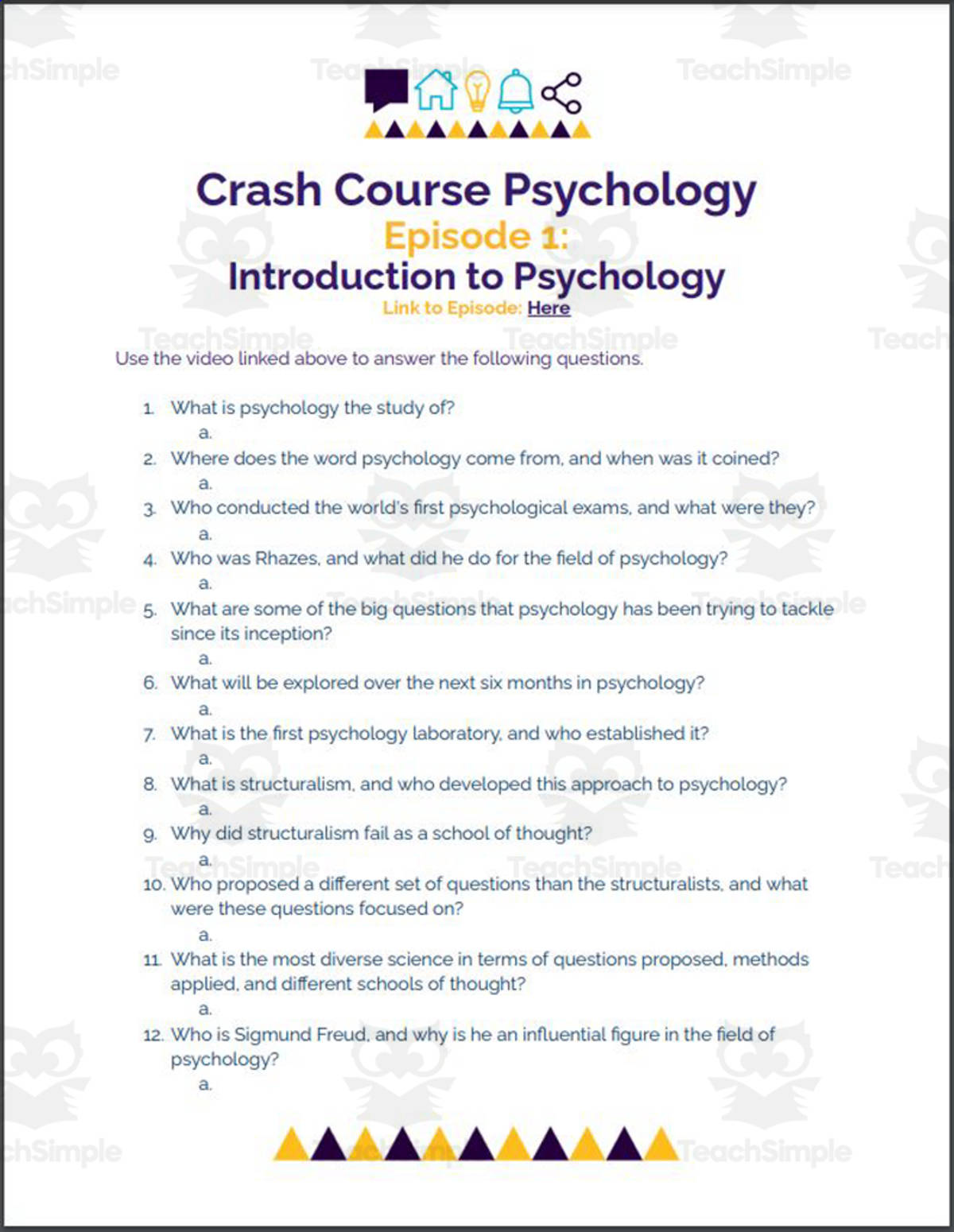 An educational teaching resource from Ed Dynamic entitled Crash Course Psychology #1: Intro to Psych downloadable at Teach Simple.