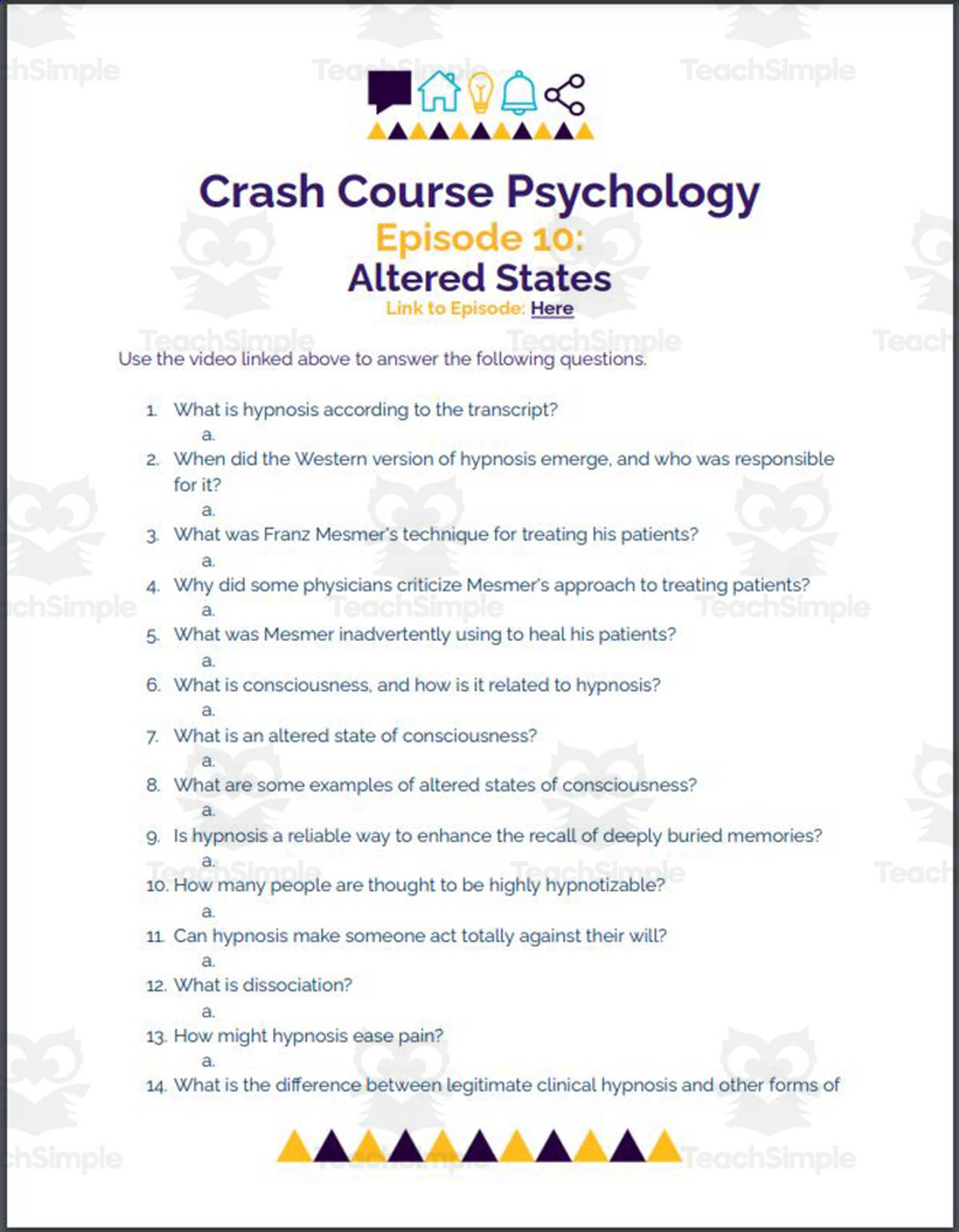 An educational teaching resource from Ed Dynamic entitled Crash Course Psychology #10: Altered States downloadable at Teach Simple.
