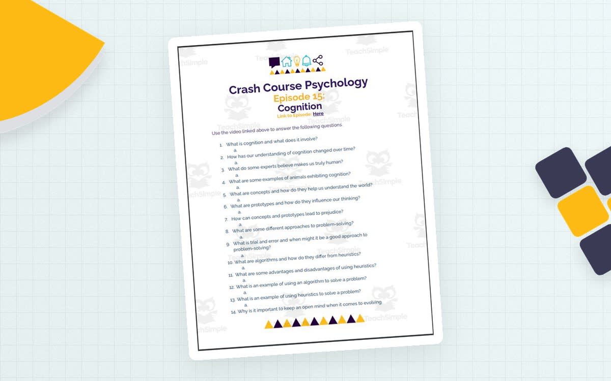 An educational teaching resource from Ed Dynamic entitled Crash Course Psychology #15: Cognition (How Your Mind Can Amaze and Betray You) downloadable at Teach Simple.