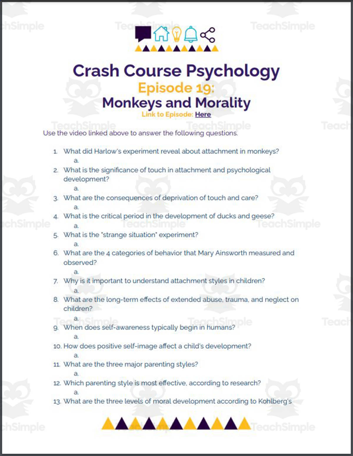 An educational teaching resource from Ed Dynamic entitled Crash Course Psychology #19: Monkeys and Morality downloadable at Teach Simple.