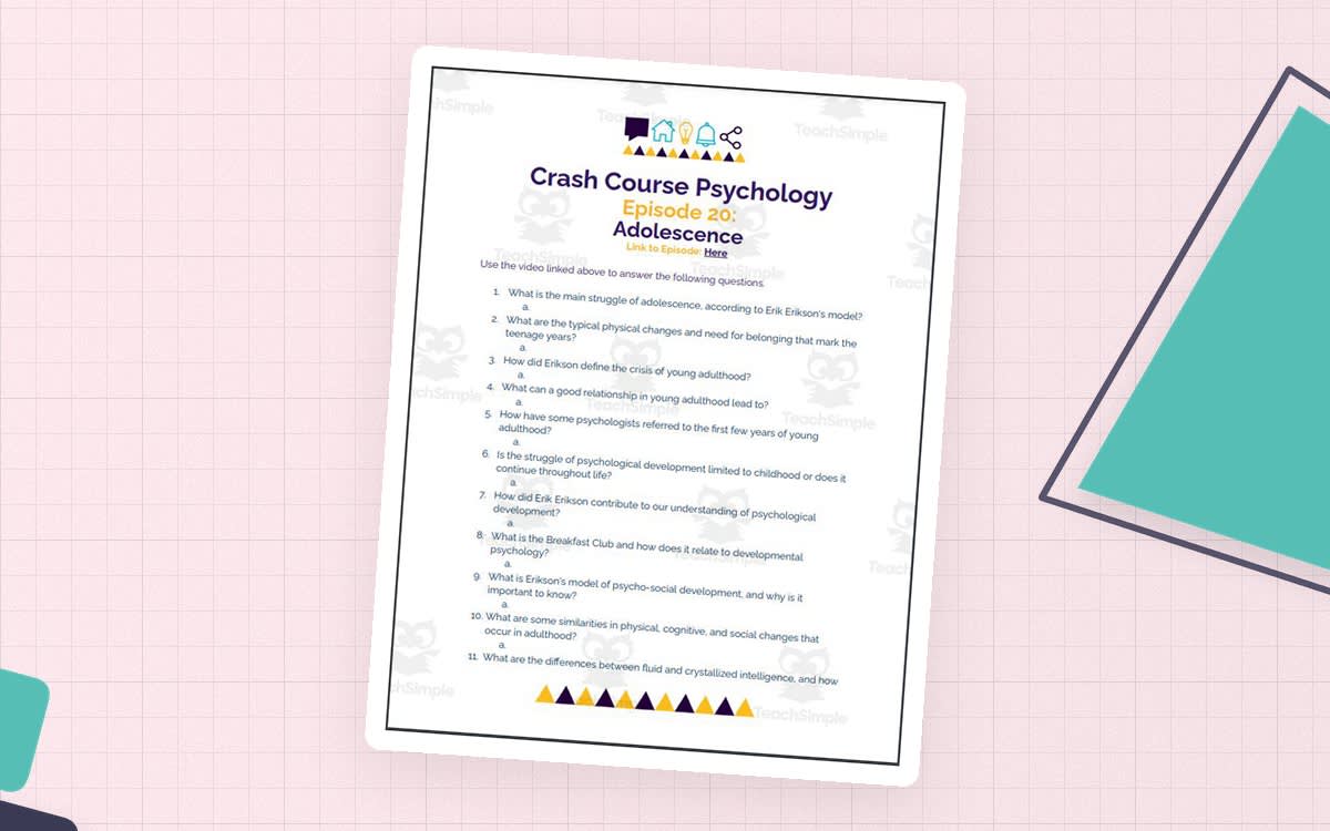 An educational teaching resource from Ed Dynamic entitled Crash Course Psychology #20: Adolescence downloadable at Teach Simple.