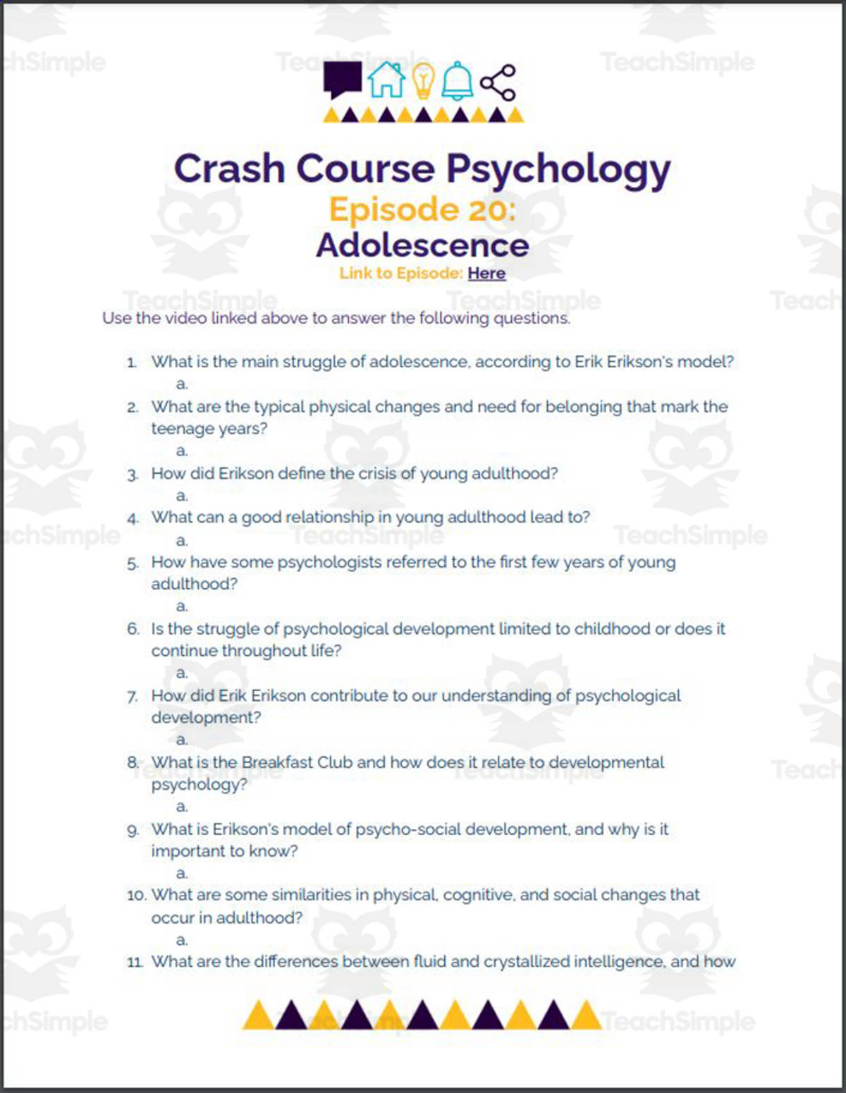 An educational teaching resource from Ed Dynamic entitled Crash Course Psychology #20: Adolescence downloadable at Teach Simple.
