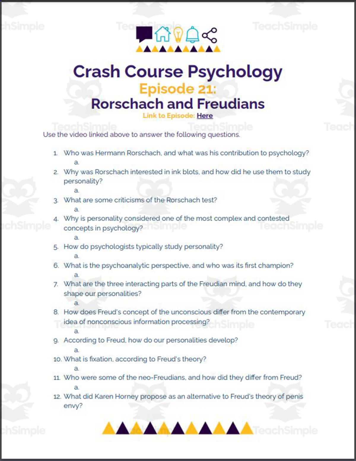 An educational teaching resource from Ed Dynamic entitled Crash Course Psychology #21: Rorschach and Freudians downloadable at Teach Simple.