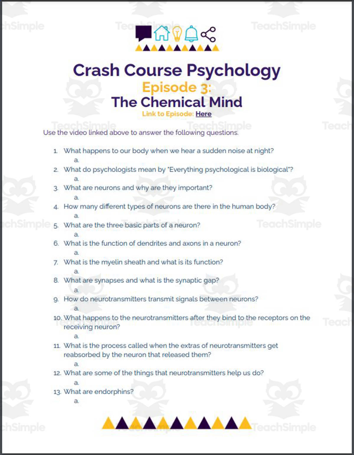 An educational teaching resource from Ed Dynamic entitled Crash Course Psychology #3: The Chemical Mind downloadable at Teach Simple.