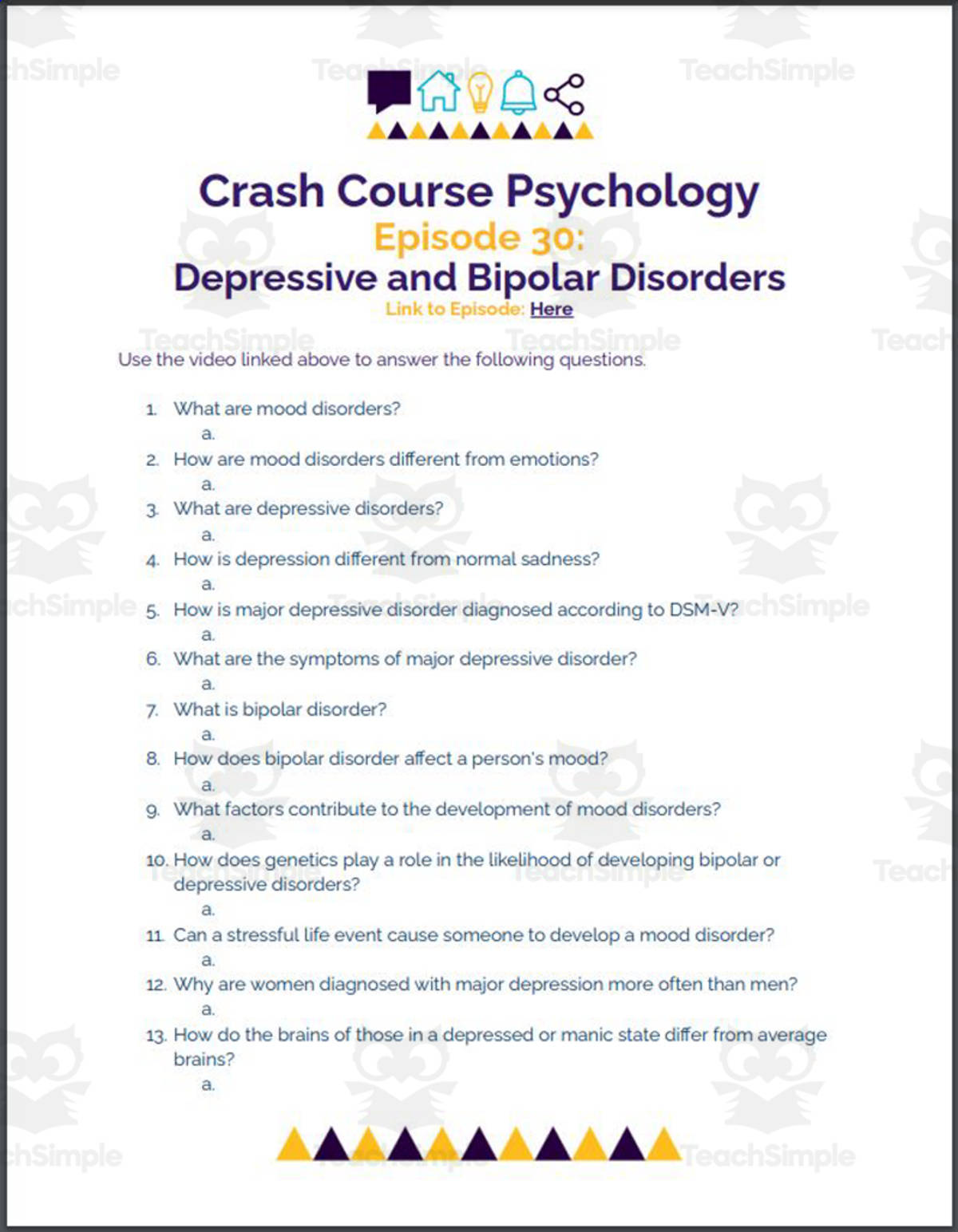 An educational teaching resource from Ed Dynamic entitled Crash Course Psychology #30: Depressive and Bipolar Disorders downloadable at Teach Simple.