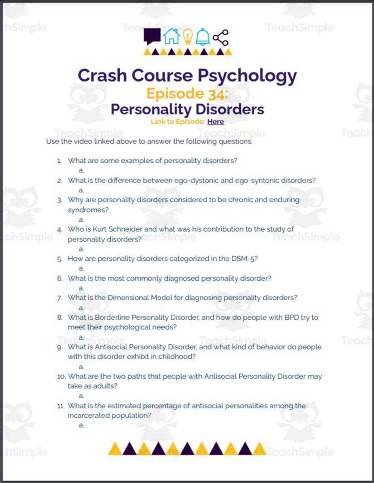 An educational teaching resource from Ed Dynamic entitled Crash Course Psychology #34: Personality Disorders downloadable at Teach Simple.