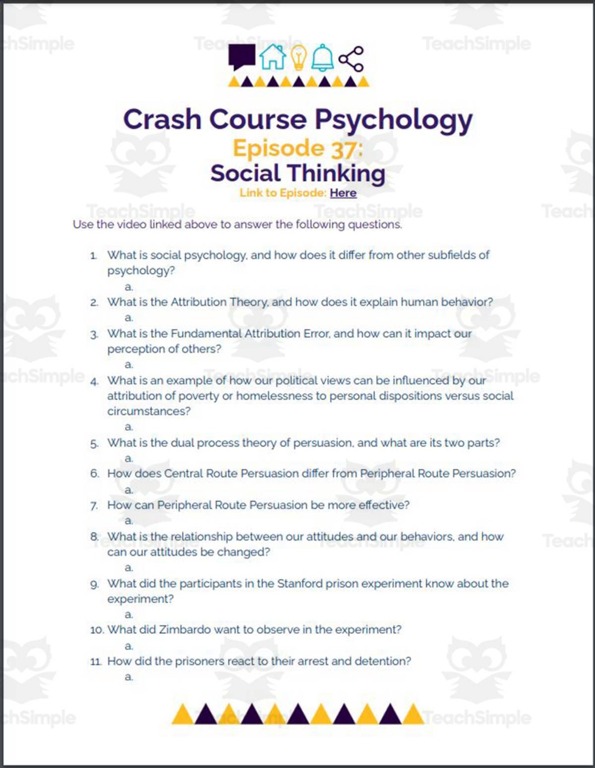 An educational teaching resource from Ed Dynamic entitled Crash Course Psychology #37: Social Thinking downloadable at Teach Simple.