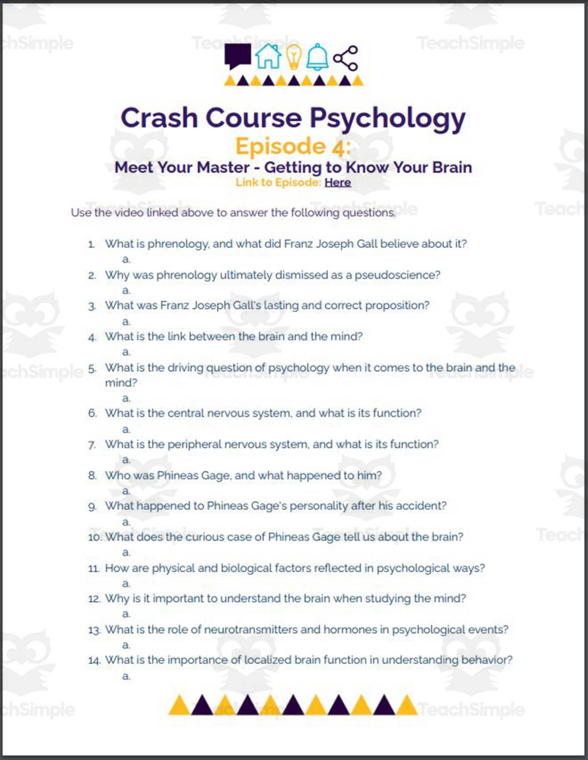 An educational teaching resource from Ed Dynamic entitled Crash Course Psychology #4: Meet Your Master: The Brain downloadable at Teach Simple.