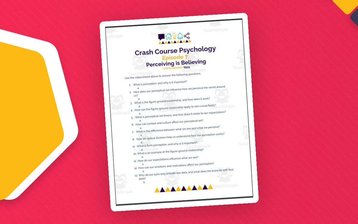 Crash Course Psychology Perceiving Is Believing worksheet first page with numbered questions and colored pencils along the bottom.