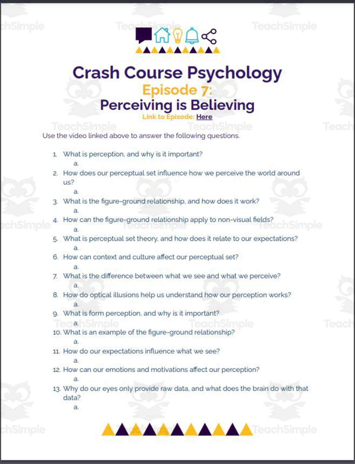 An educational teaching resource from Ed Dynamic entitled Crash Course Psychology #7: Perceiving is Believing downloadable at Teach Simple.