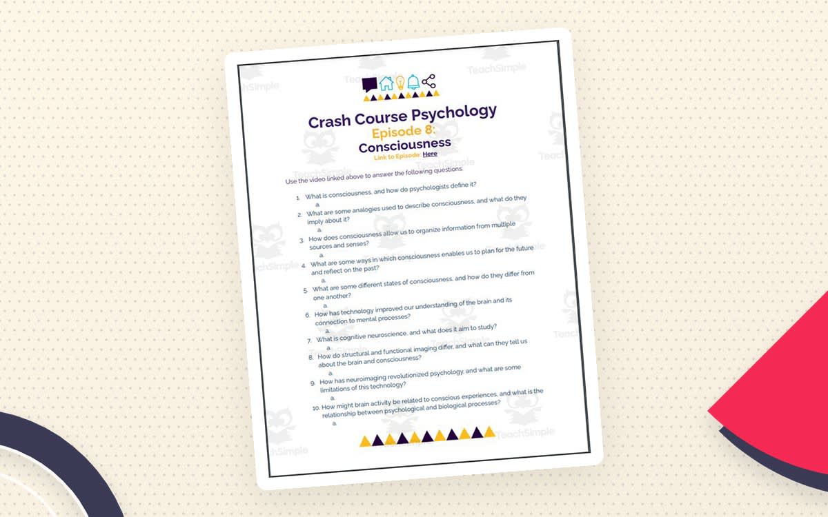 An educational teaching resource from Ed Dynamic entitled Crash Course Psychology #8: Consciousness downloadable at Teach Simple.