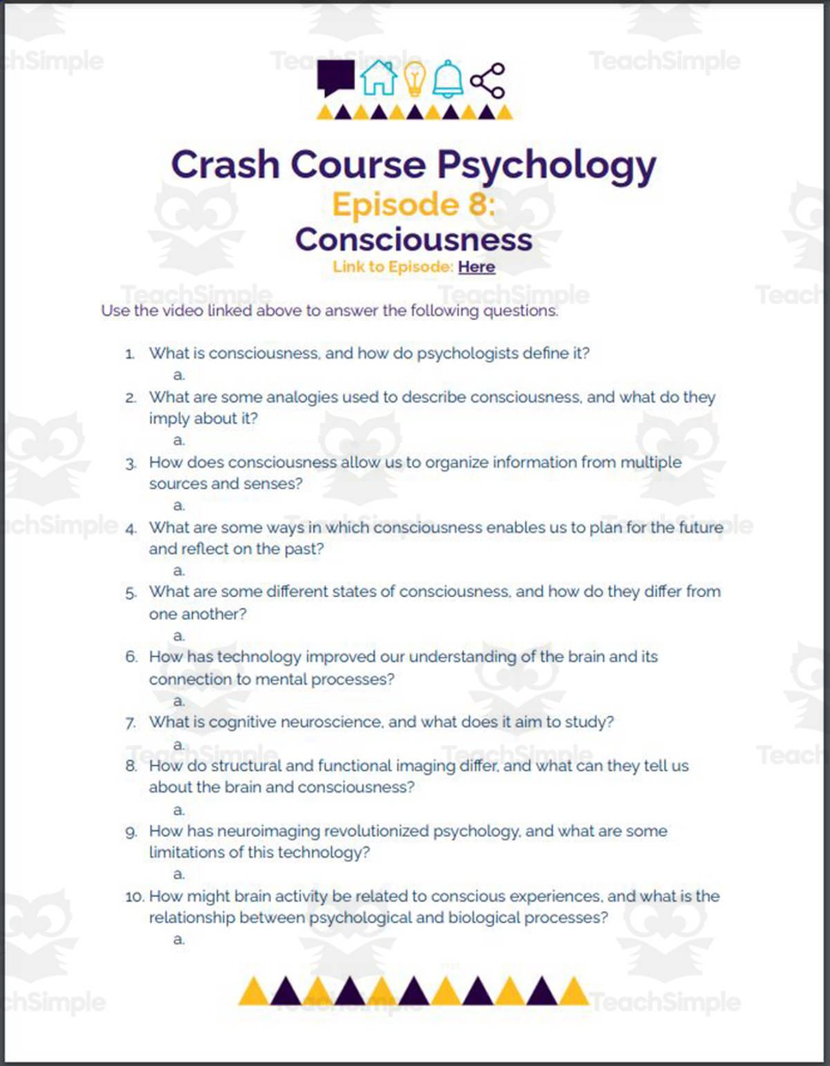 An educational teaching resource from Ed Dynamic entitled Crash Course Psychology #8: Consciousness downloadable at Teach Simple.