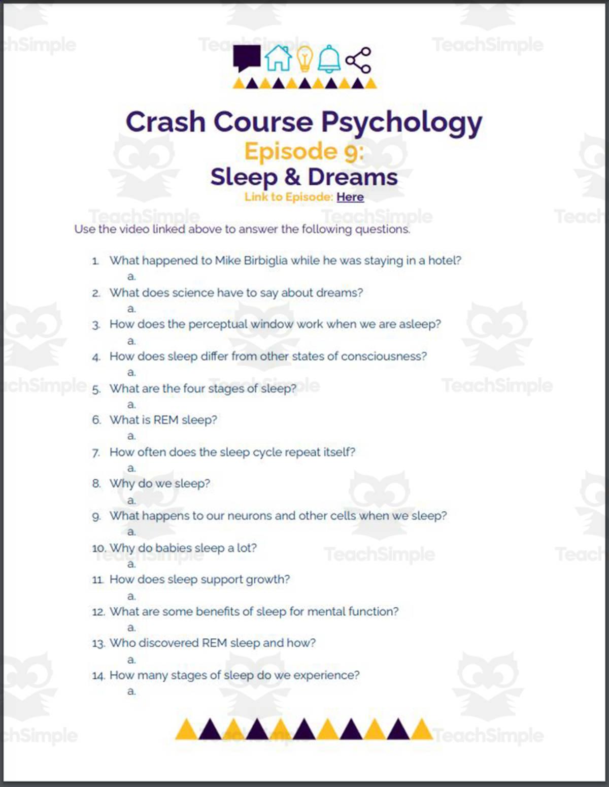 An educational teaching resource from Ed Dynamic entitled Crash Course Psychology #9: Sleep & Dreams downloadable at Teach Simple.