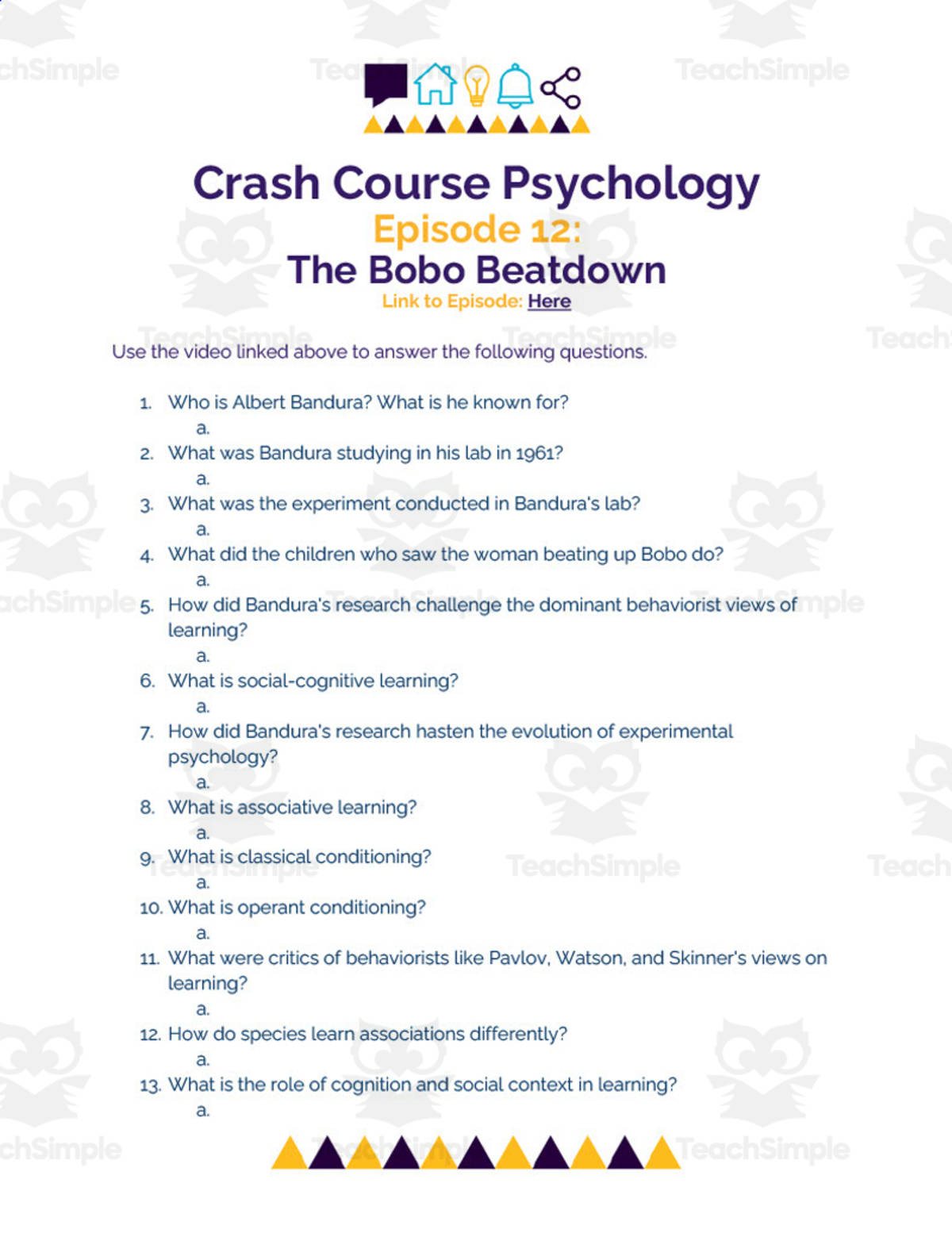 An educational teaching resource from Ed Dynamic entitled Crash Course Psychology Episode Worksheet | 12 - The Bobo Beatdown downloadable at Teach Simple.