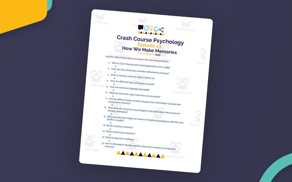 An educational teaching resource from Ed Dynamic entitled Crash Course Psychology Episode Worksheet | 13 - How We Make Memories downloadable at Teach Simple.