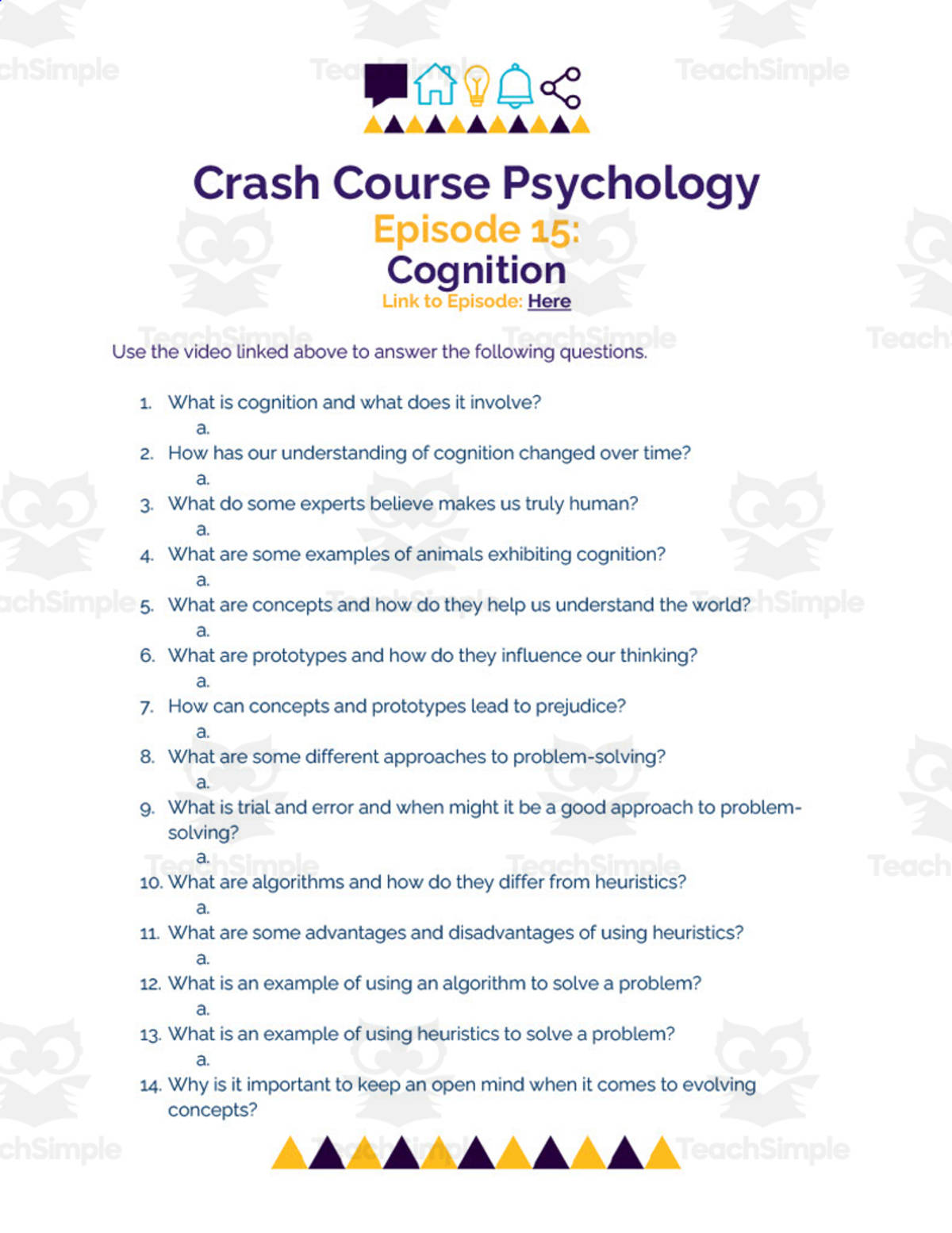 An educational teaching resource from Ed Dynamic entitled Crash Course Psychology Episode Worksheet | 15 - Cognition downloadable at Teach Simple.