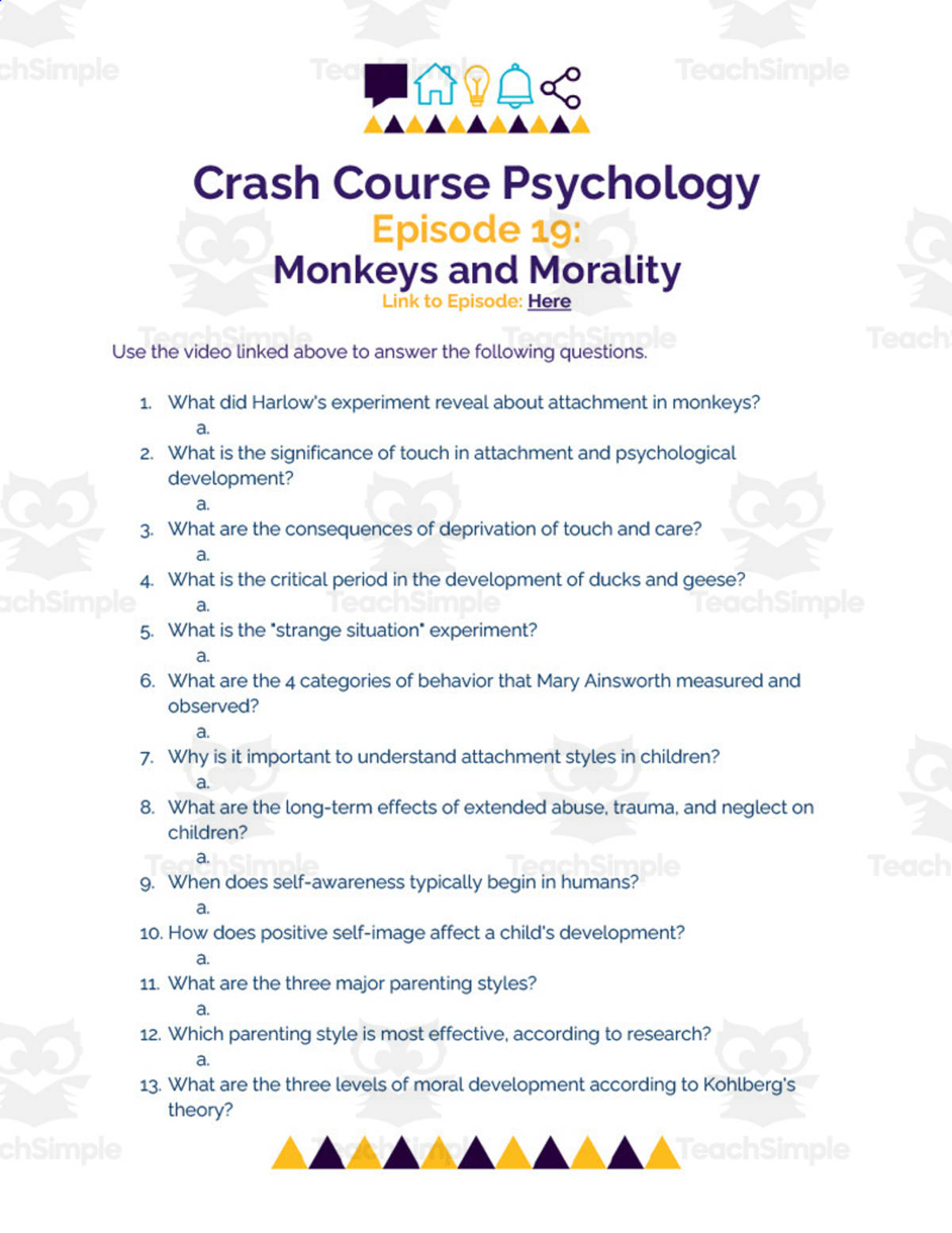 An educational teaching resource from Ed Dynamic entitled Crash Course Psychology Episode Worksheet | 19 - Monkeys and Morality downloadable at Teach Simple.