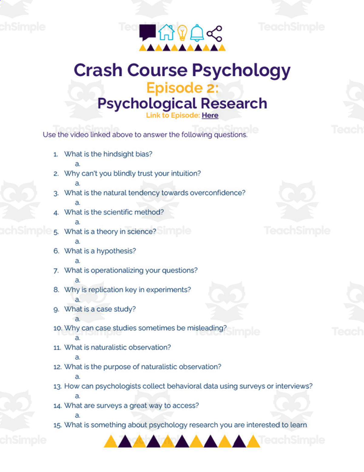An educational teaching resource from Ed Dynamic entitled Crash Course Psychology Episode Worksheet | 2 - Psychological Research downloadable at Teach Simple.