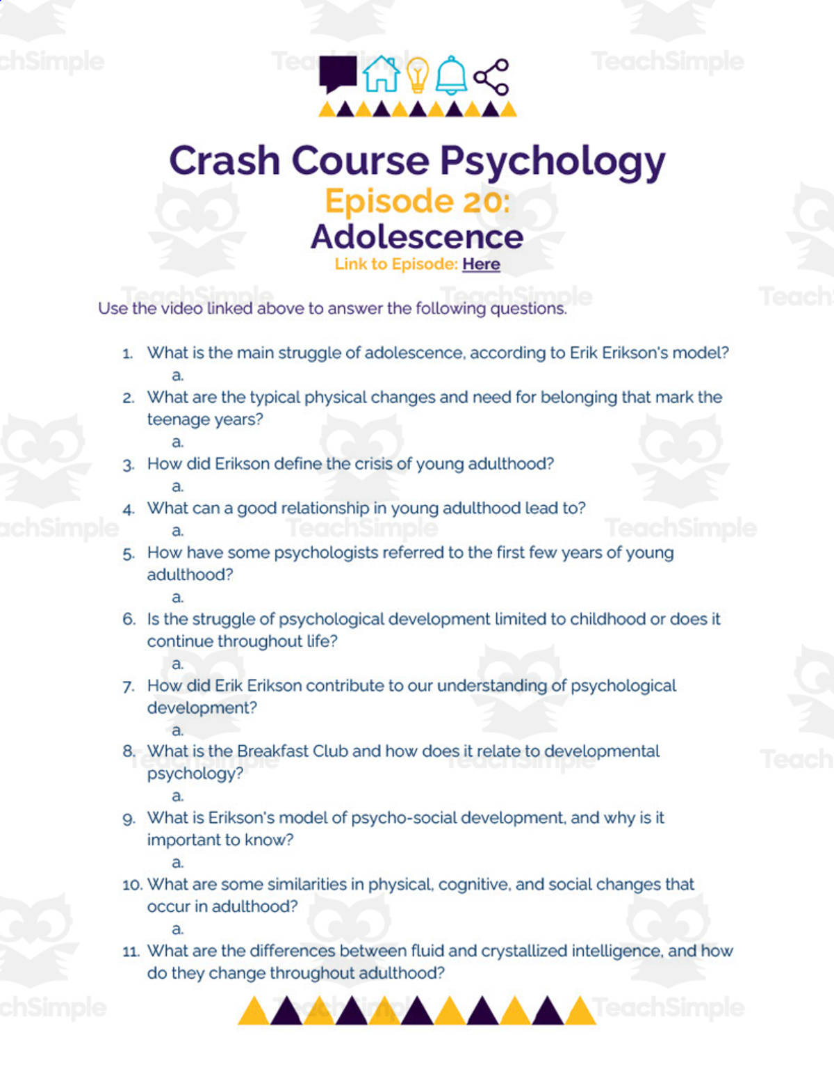 An educational teaching resource from Ed Dynamic entitled Crash Course Psychology Episode Worksheet | 20 - Adolescence downloadable at Teach Simple.
