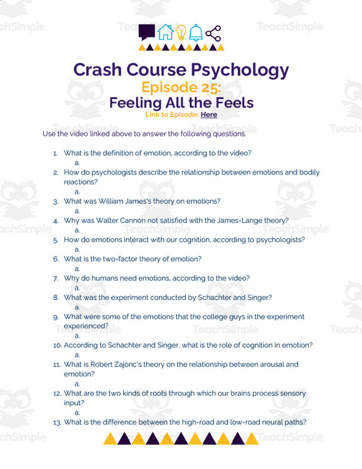 An educational teaching resource from Ed Dynamic entitled Crash Course Psychology Episode Worksheet | 25 - Feeling All the Feels downloadable at Teach Simple.