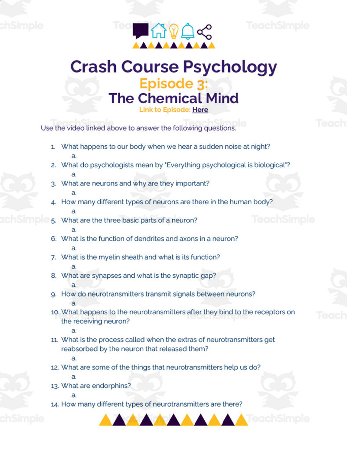 An educational teaching resource from Ed Dynamic entitled Crash Course Psychology Episode Worksheet | 3 - The Chemical Mind downloadable at Teach Simple.
