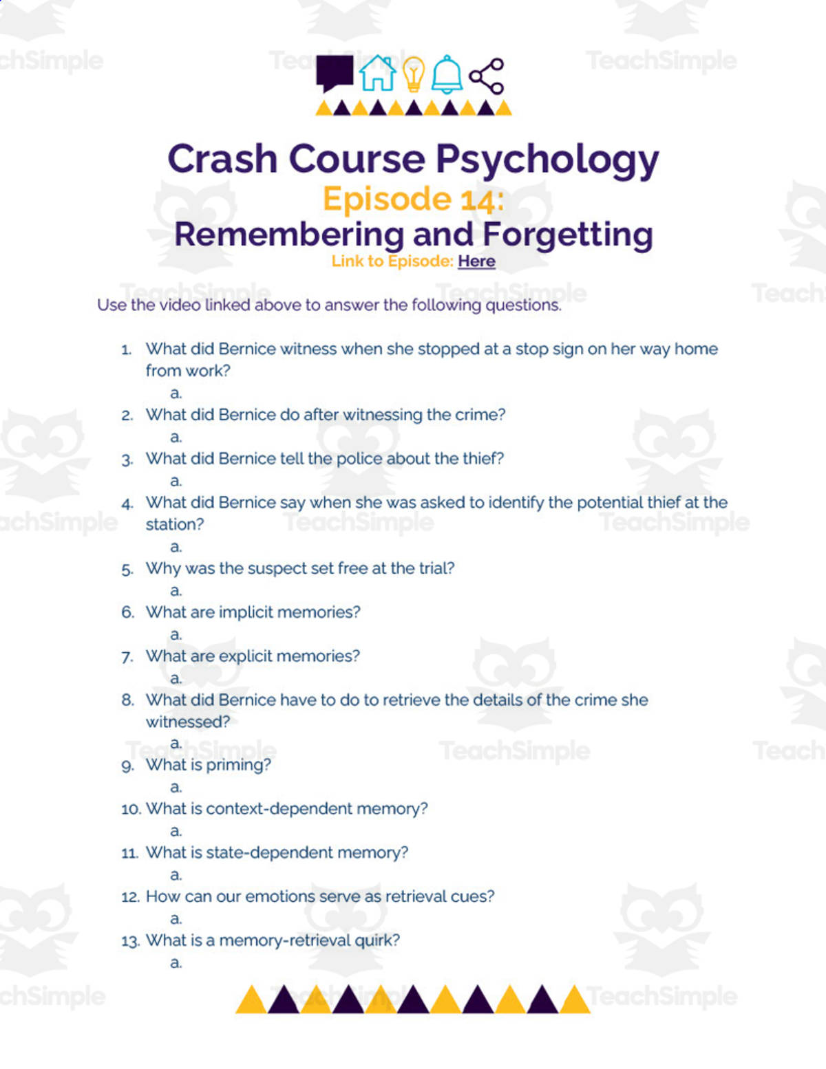 An educational teaching resource from Ed Dynamic entitled Crash Course Psychology Worksheet | 14 - Remembering and Forgetting downloadable at Teach Simple.