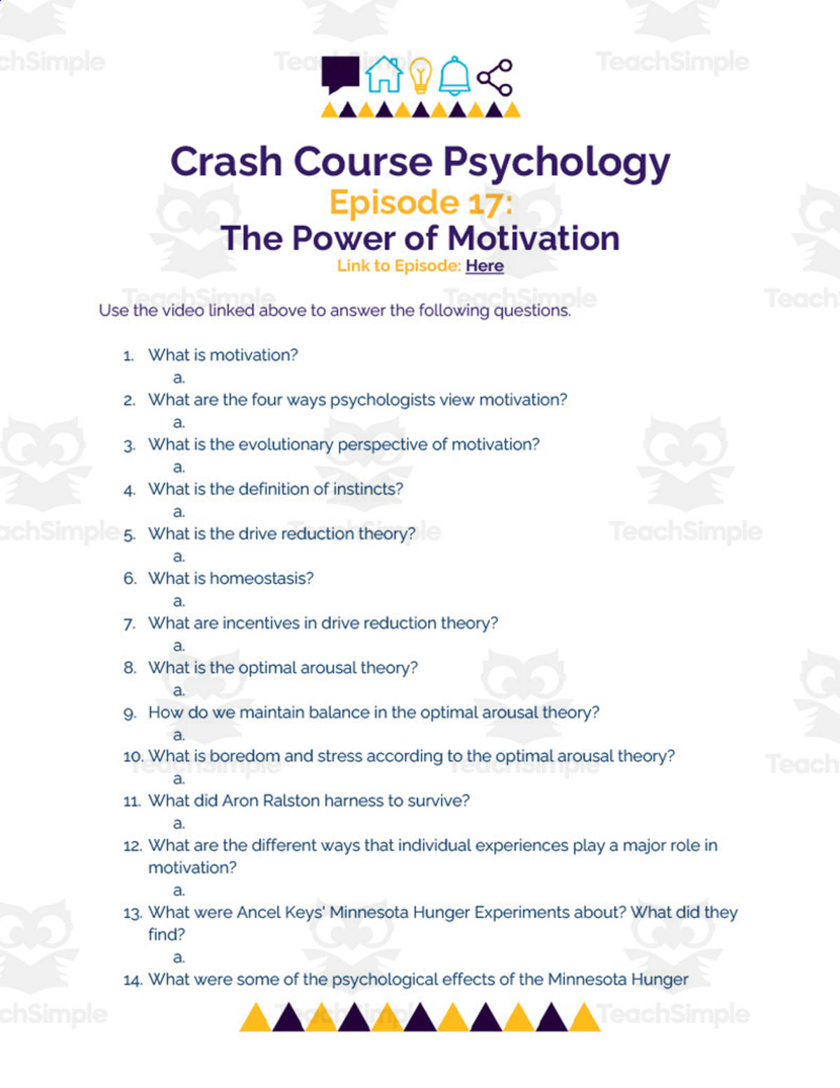 An educational teaching resource from Ed Dynamic entitled Crash Course Psychology Worksheet | 17 - The Power of Motivation downloadable at Teach Simple.