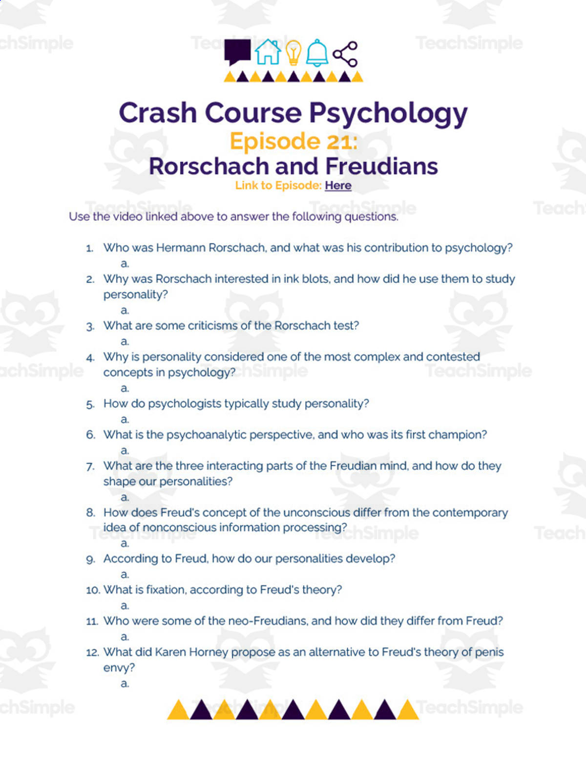An educational teaching resource from Ed Dynamic entitled Crash Course Psychology Worksheet | 21 - Rorschach and Freudians downloadable at Teach Simple.