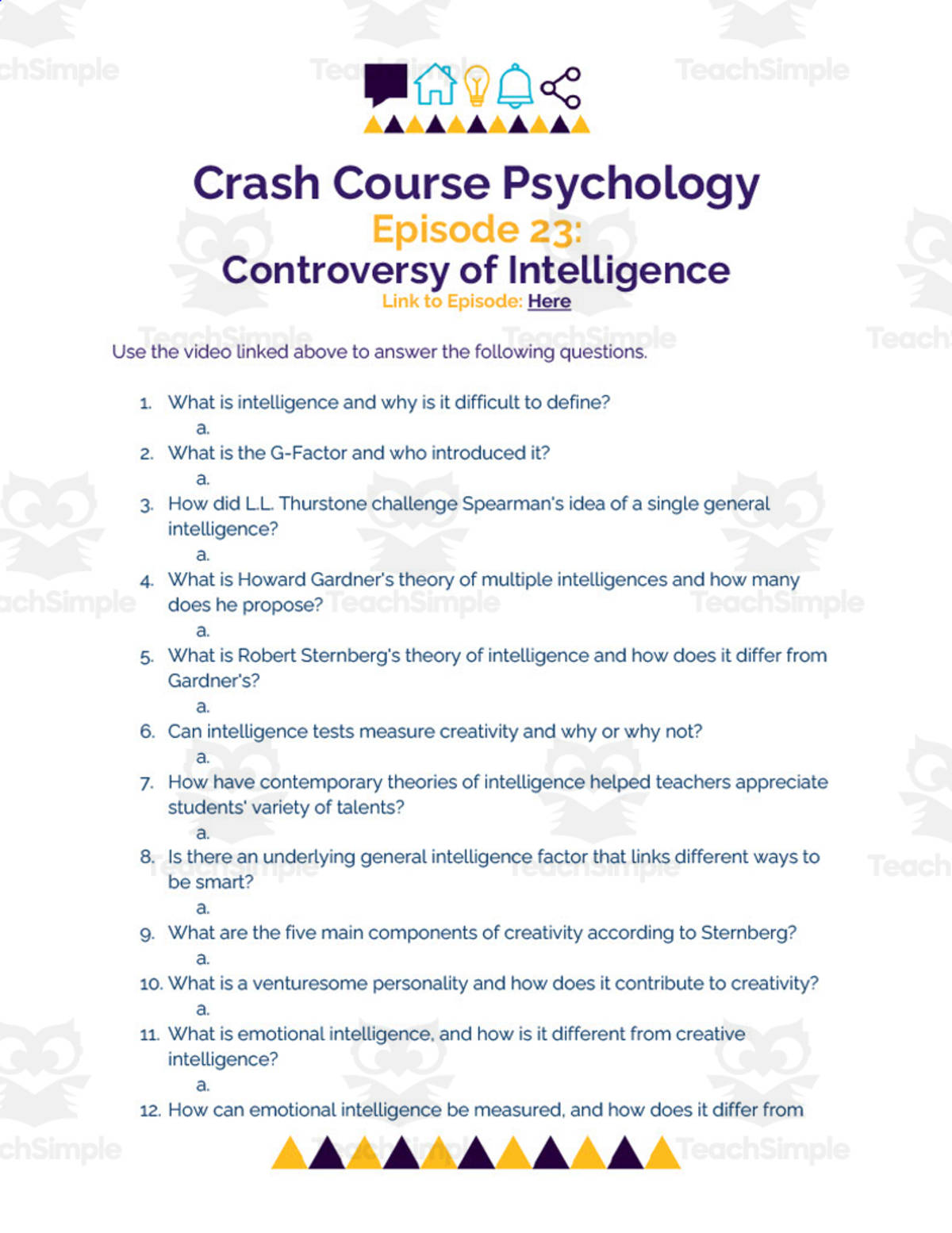 An educational teaching resource from Ed Dynamic entitled Crash Course Psychology Worksheet | 23 - Controversy of Intelligence downloadable at Teach Simple.