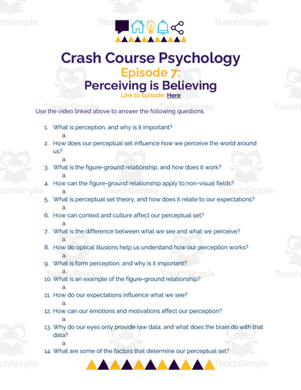 An educational teaching resource from Ed Dynamic entitled Crash Course Psychology Worksheet | 7 - Perceiving is Believing downloadable at Teach Simple.