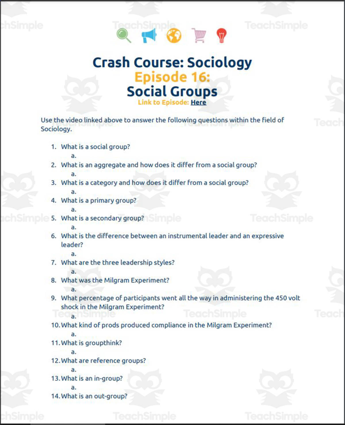 An educational teaching resource from Ed Dynamic entitled Crash Course Sociology #16: Social Groups Student Worksheet downloadable at Teach Simple.