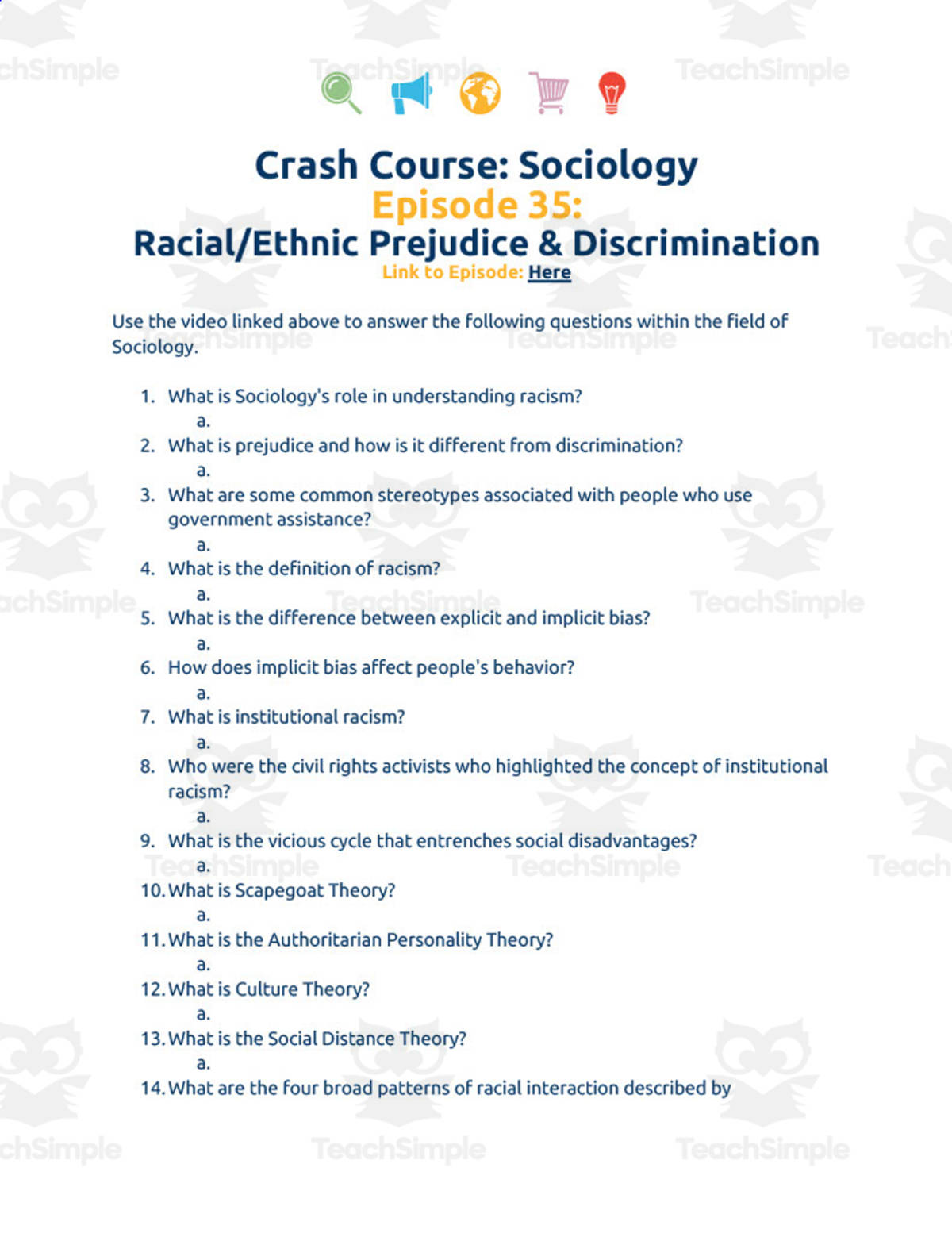 An educational teaching resource from Ed Dynamic entitled Crash Course Sociology | 35 Racial/Ethnic Prejudice and Discrimination downloadable at Teach Simple.