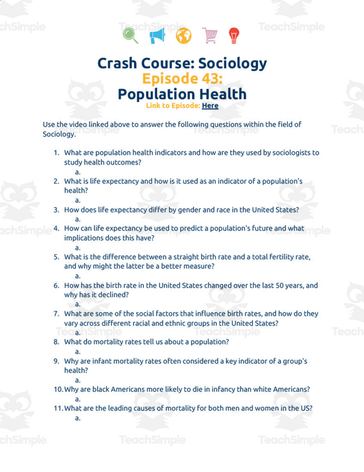 An educational teaching resource from Ed Dynamic entitled Crash Course Sociology Worksheet | 43 - Population Health downloadable at Teach Simple.