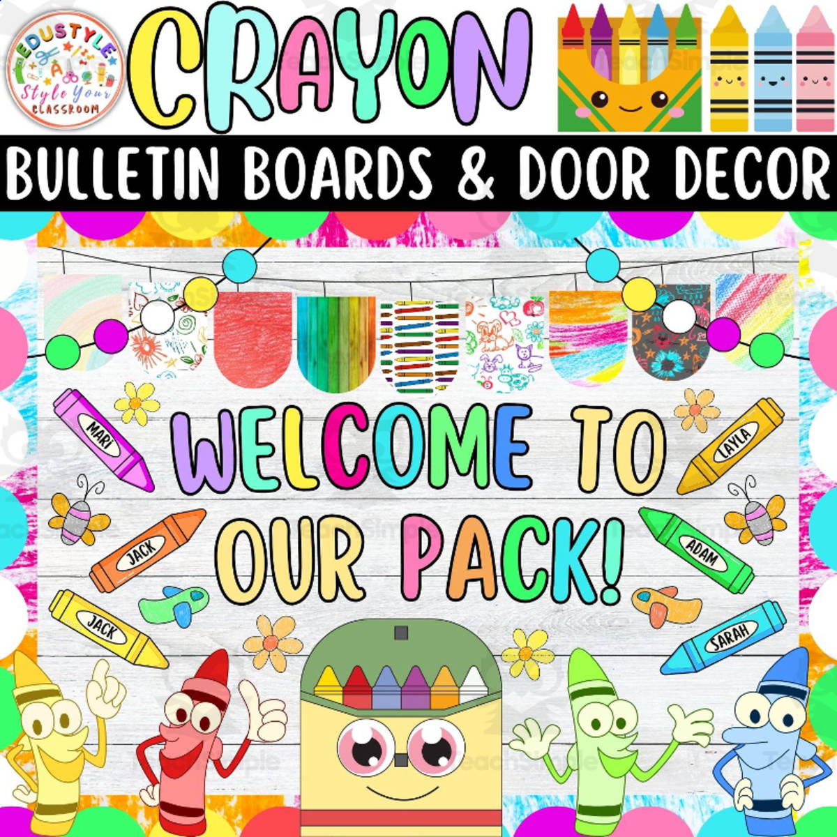 An educational teaching resource from Style Your Classroom entitled Crayon & Back To School Bulletin board or door Decor kit  | August downloadable at Teach Simple.