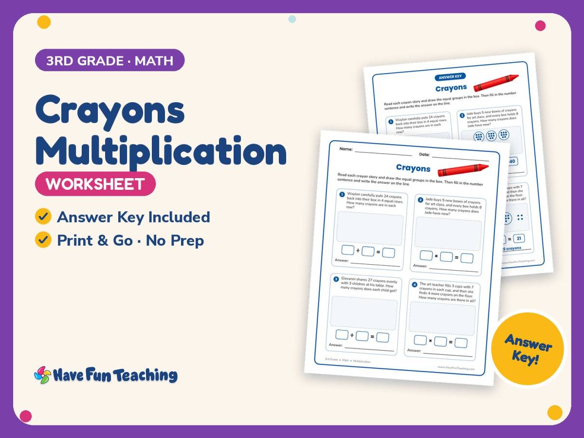 Crayons Multiplication Worksheet – 3rd Grade Word Problems Practice preview