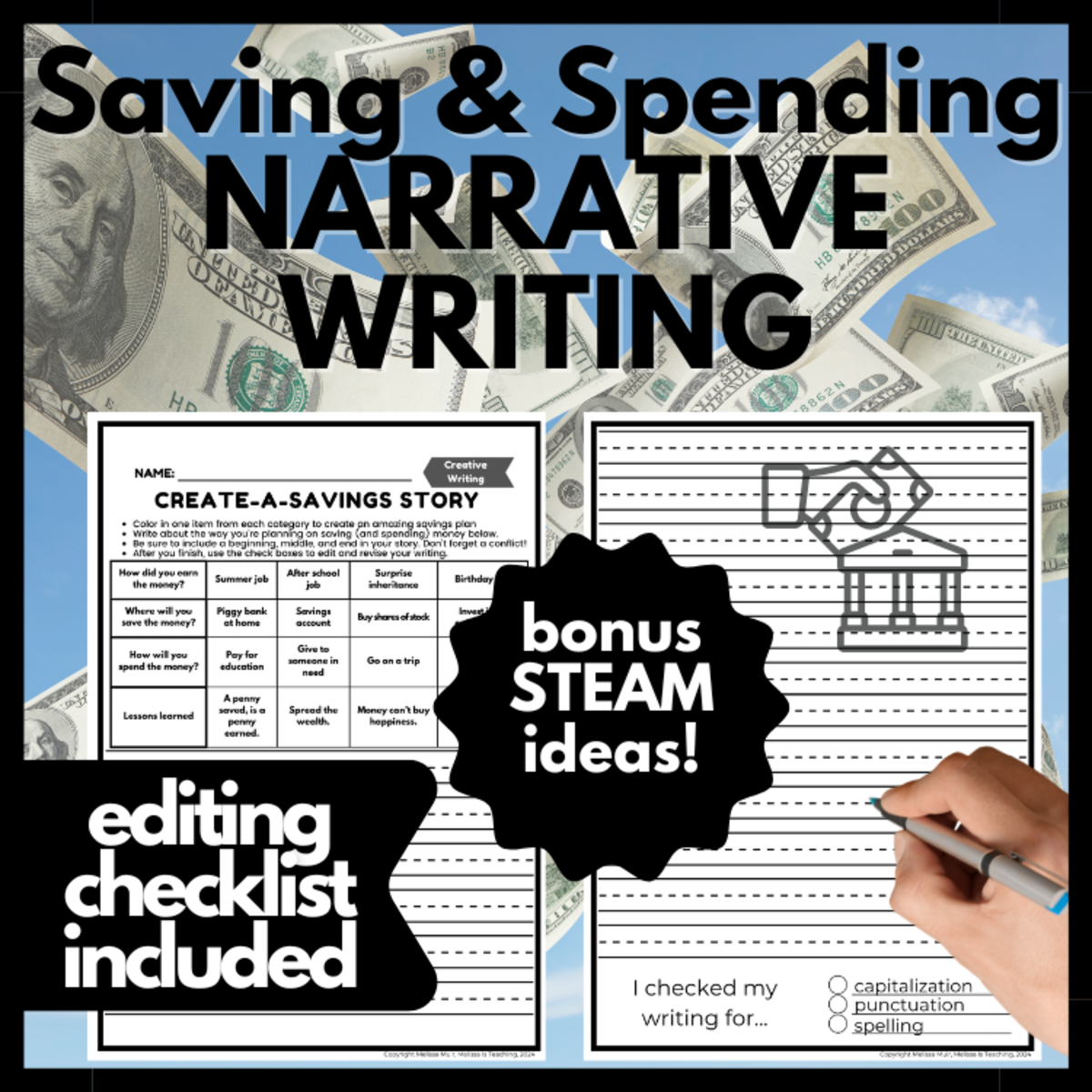An educational teaching resource from Melissa Is Teaching entitled Create-A-Savings Story Writing Challenge |Saving, Spending, Generosity downloadable at Teach Simple.