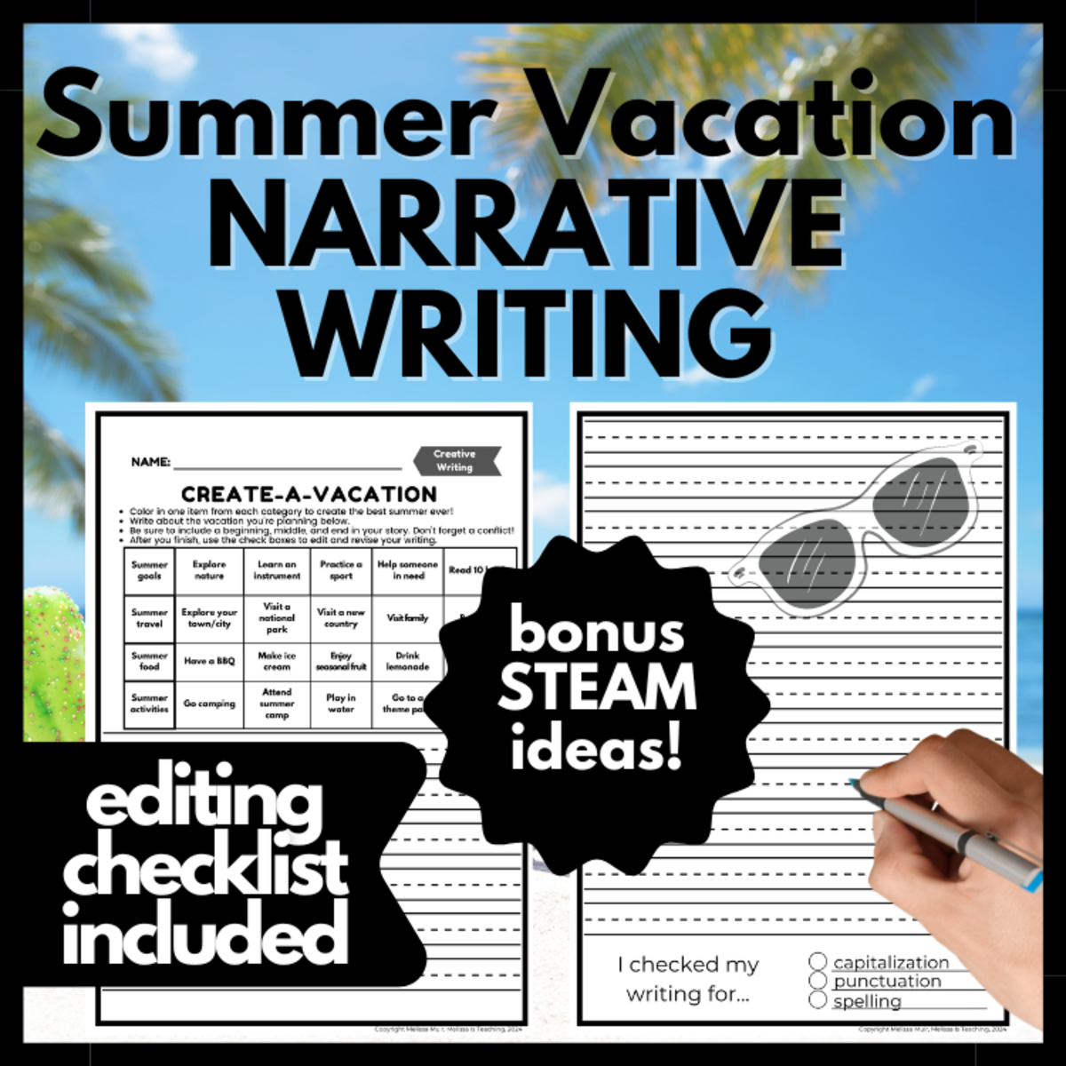 An educational teaching resource from Melissa Is Teaching entitled Create-A-Summer Vacation Narrative Writing Challenge downloadable at Teach Simple.