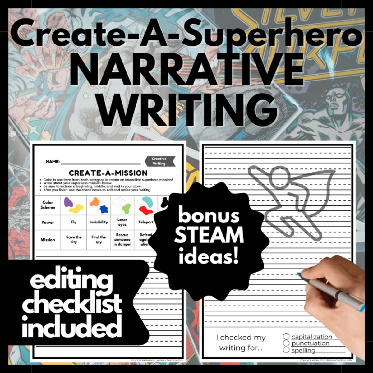 An educational teaching resource from Melissa Is Teaching entitled Create-A- Superhero Mission Narrative Writing Challenge downloadable at Teach Simple.