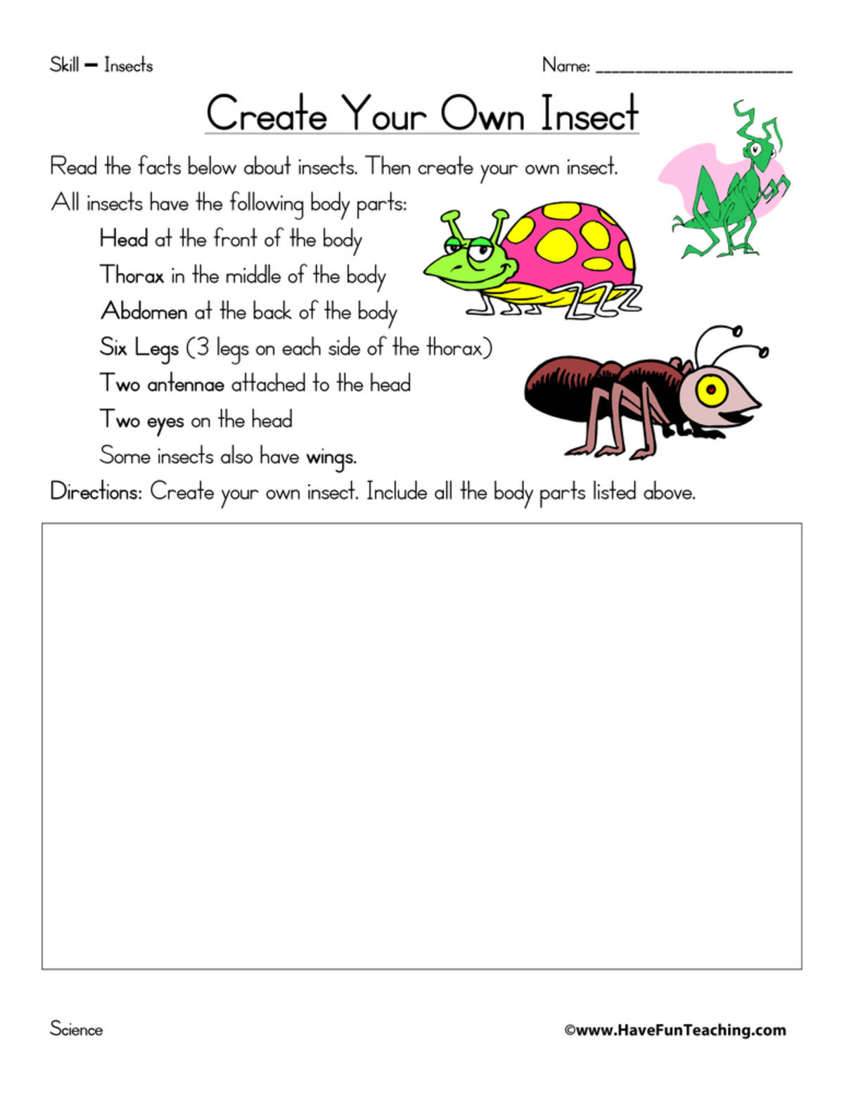 An educational teaching resource from Have Fun Teaching entitled Create Your Own Insect Worksheet downloadable at Teach Simple.