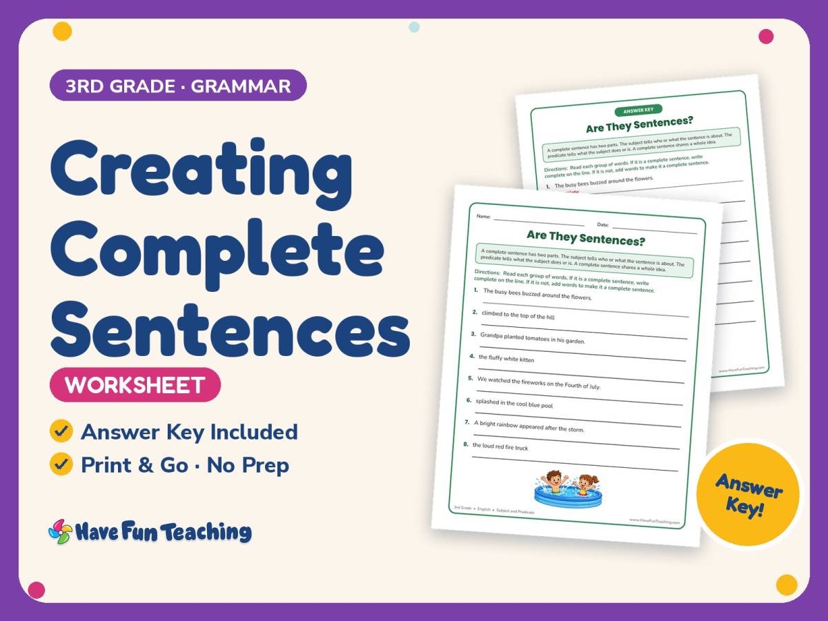 Creating Complete Sentences Worksheet – 3rd Grade Practice preview