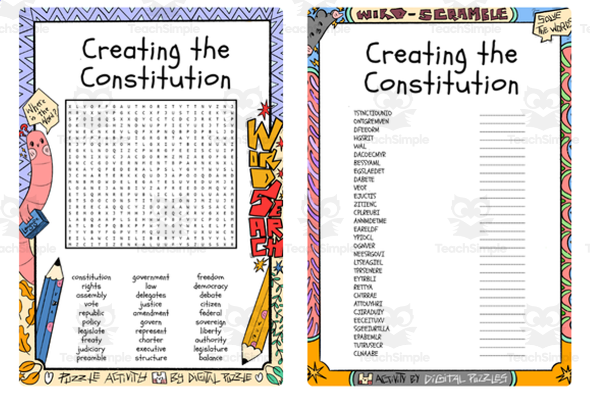 An educational teaching resource from Lapiiin Art Activities entitled Creating the Constitution word search & scramble downloadable at Teach Simple.