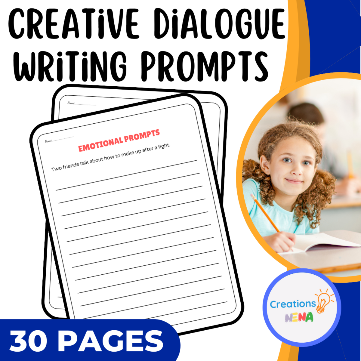 An educational teaching resource from Nena Creations entitled Creative Dialogue Writing Prompts Worksheets. downloadable at Teach Simple.