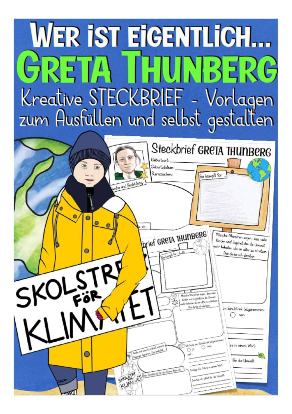 An educational teaching resource from Better Teaching Resources entitled Creative Fact File Worksheets: Who is Greta Thunberg (German Version) downloadable at Teach Simple.