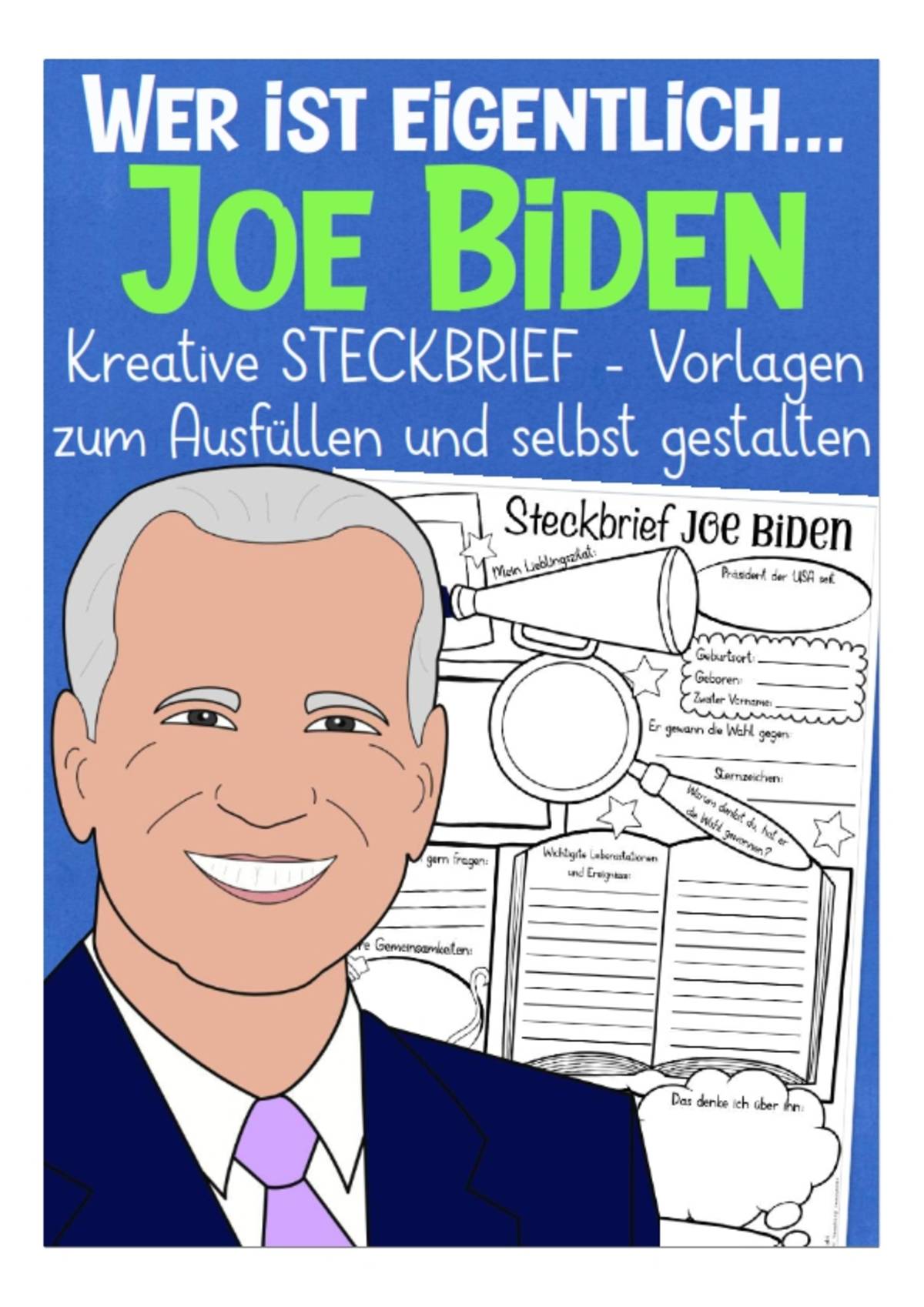 An educational teaching resource from Better Teaching Resources entitled Creative Fact File Worksheets: Who is Joe Biden (German Version) downloadable at Teach Simple.