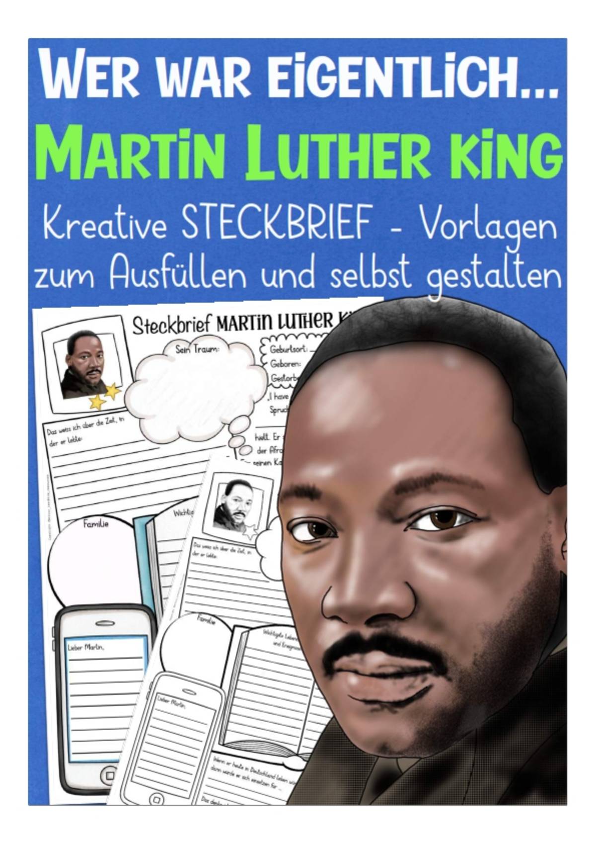 An educational teaching resource from Better Teaching Resources entitled Creative Fact File Worksheets: Who is Martin Luther King (German Version) downloadable at Teach Simple.