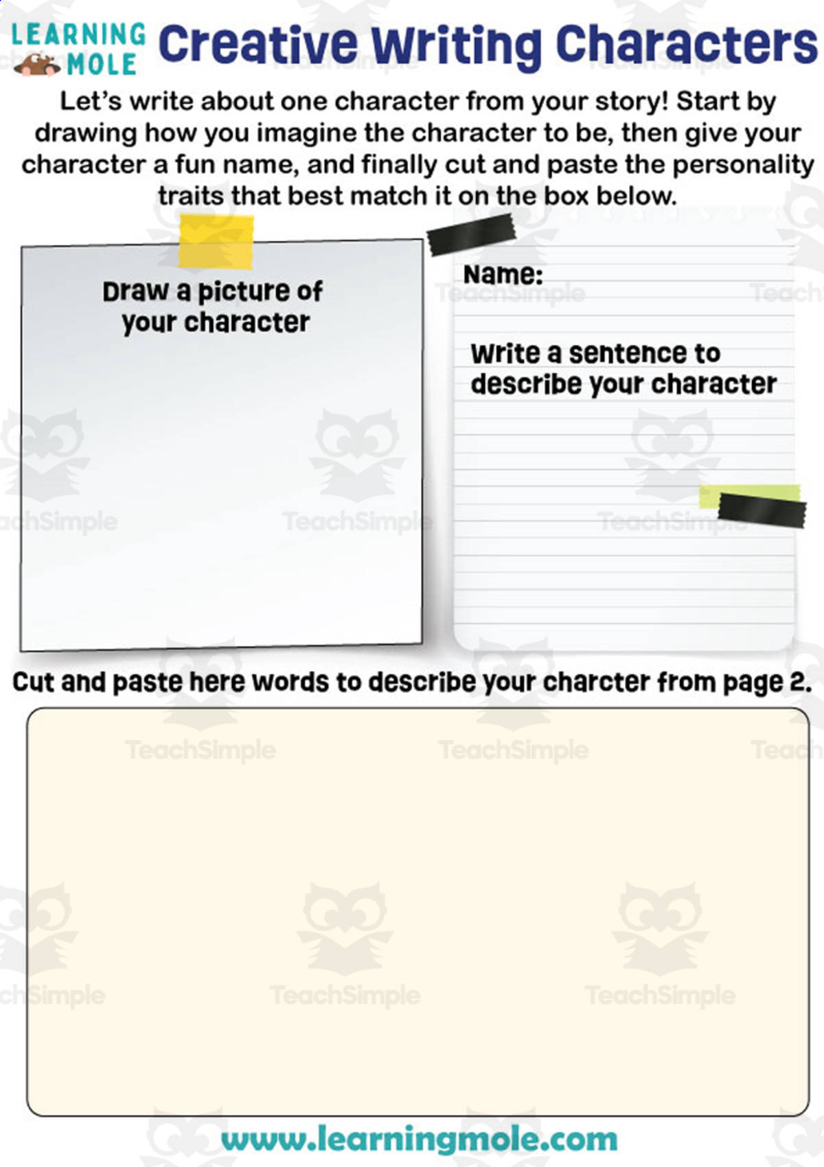 An educational teaching resource from Educational Voice entitled Creative Writing Characters Activity downloadable at Teach Simple.