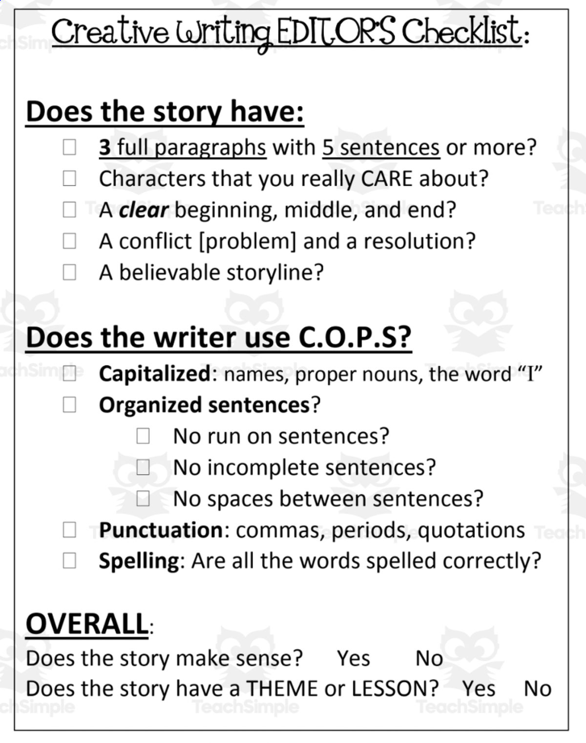 An educational teaching resource from The Language of Learning entitled Creative Writing Checklists downloadable at Teach Simple.