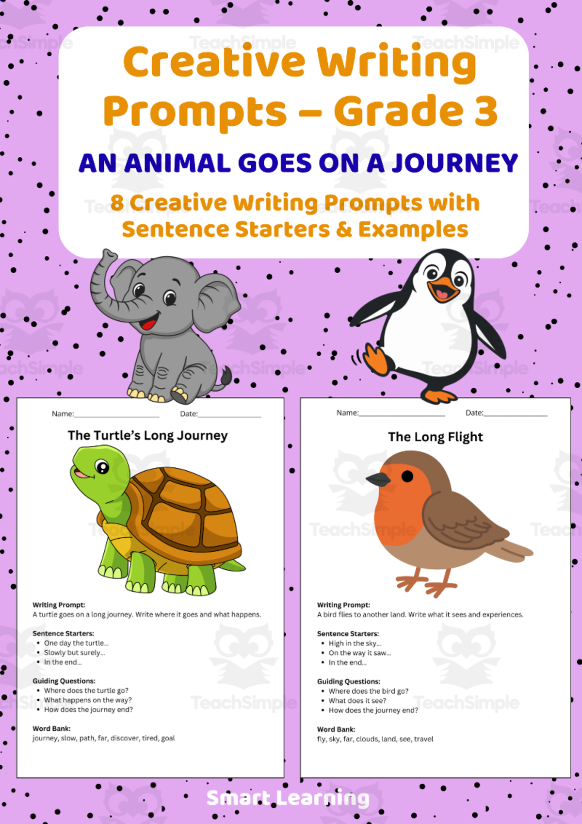 An educational teaching resource from Smart Learning Classroom entitled Creative Writing Prompts Grade 3 | An Animal Goes on a Journey downloadable at Teach Simple.
