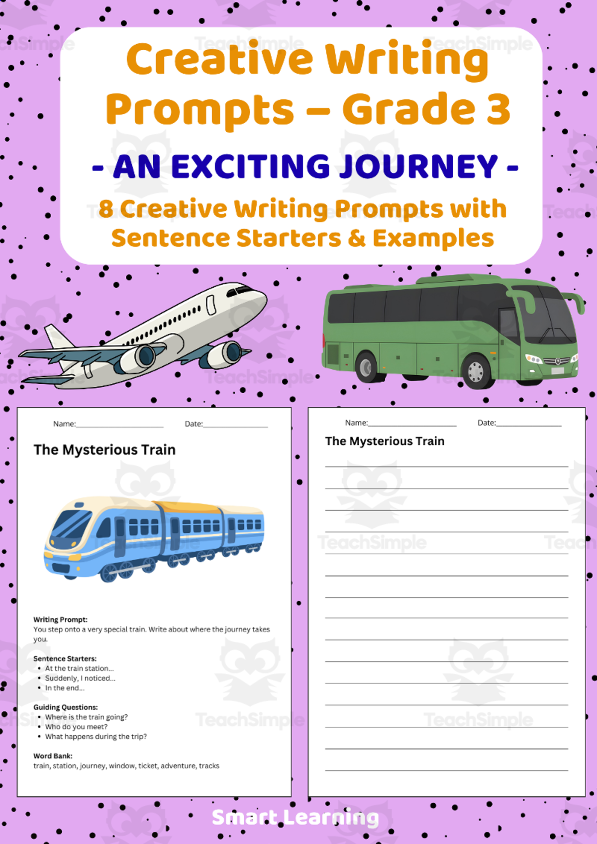 An educational teaching resource from Smart Learning Classroom entitled Creative Writing Prompts Grade 3 | An Exciting Journey downloadable at Teach Simple.